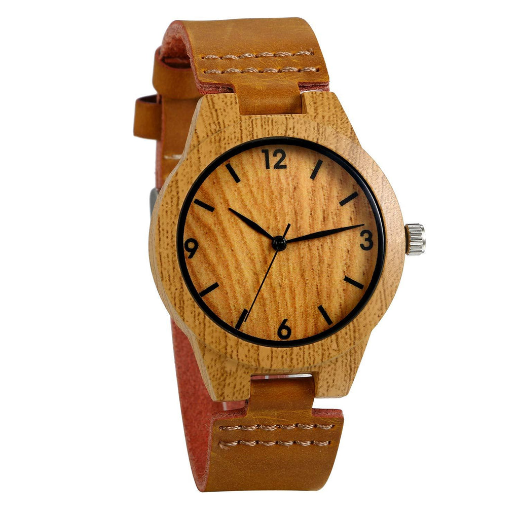 [Australia] - JewelryWe Women Watches Round Wood Pattern Dial Quartz Watch Genuine Leather Watchband Wrist Watch Casual Dressing Watch Plain Pattern 