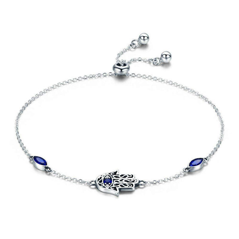[Australia] - NEWL 925 Sterling Silver Lucky Hamsa Fatima Hand Chain Link Bracelets for Women Blue CZ Silver Jewelry 
