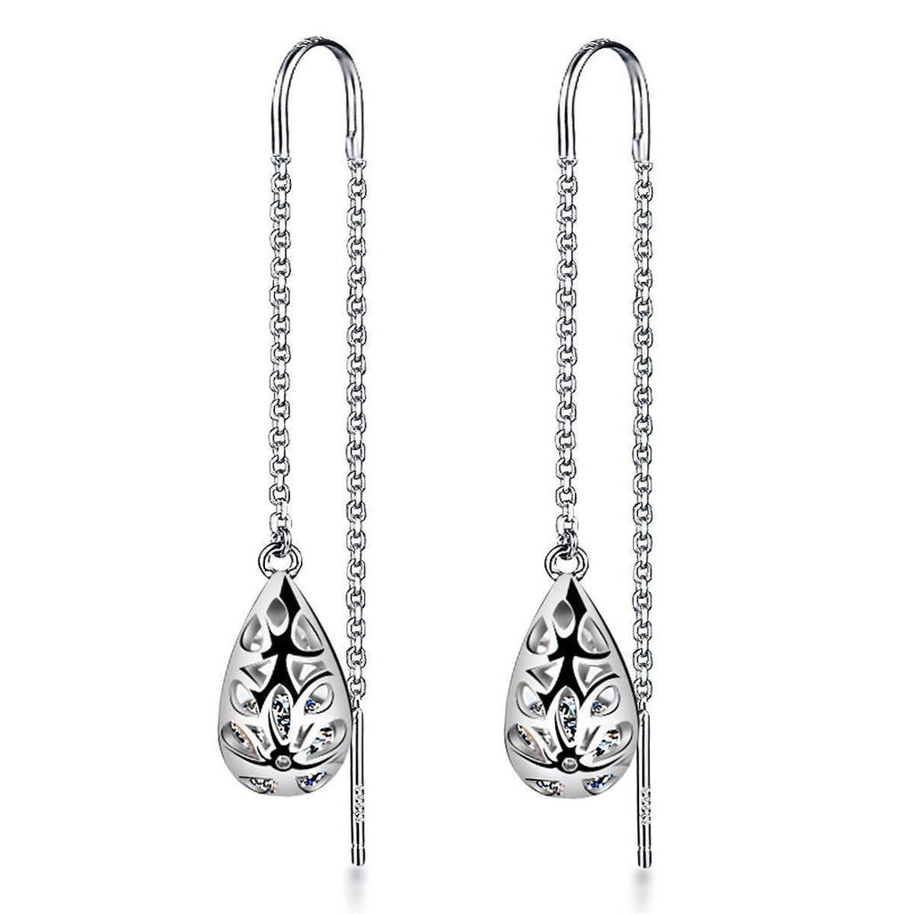 [Australia] - Meyiert 925 Sterling Silver zirconia Needle Drop Threader Pull Through Filigree Earrings for Womens White 