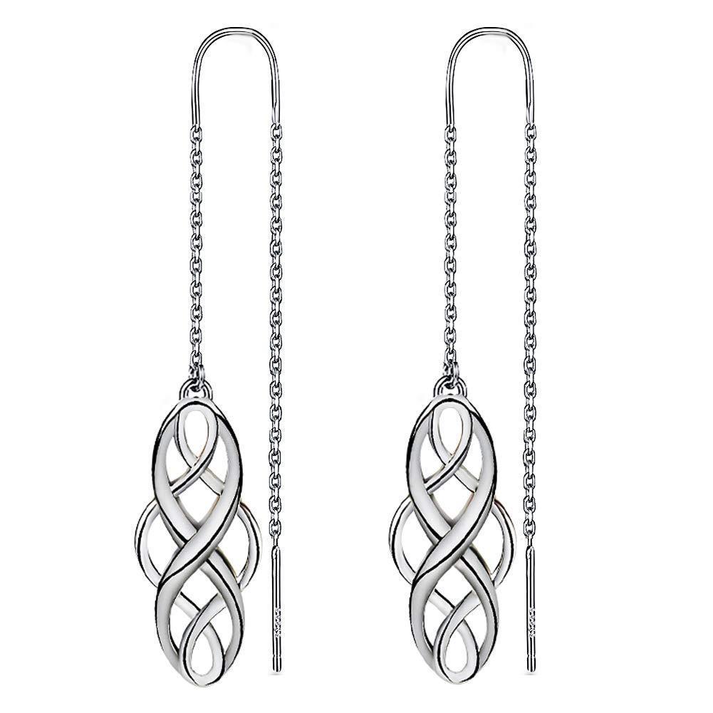 [Australia] - Meyiert 925 Sterling Silver Celtic Knot Needle Drop Threader Pull Through Earrings for Womens White 