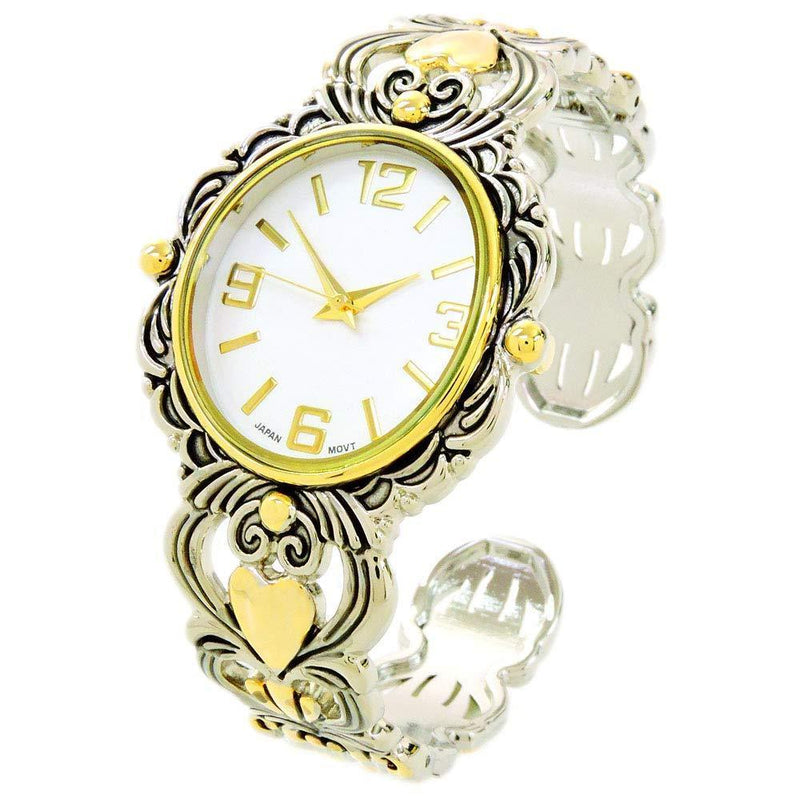[Australia] - 2Tone Metal Decorated Large Oval Face Women's Bangle Cuff Watch 