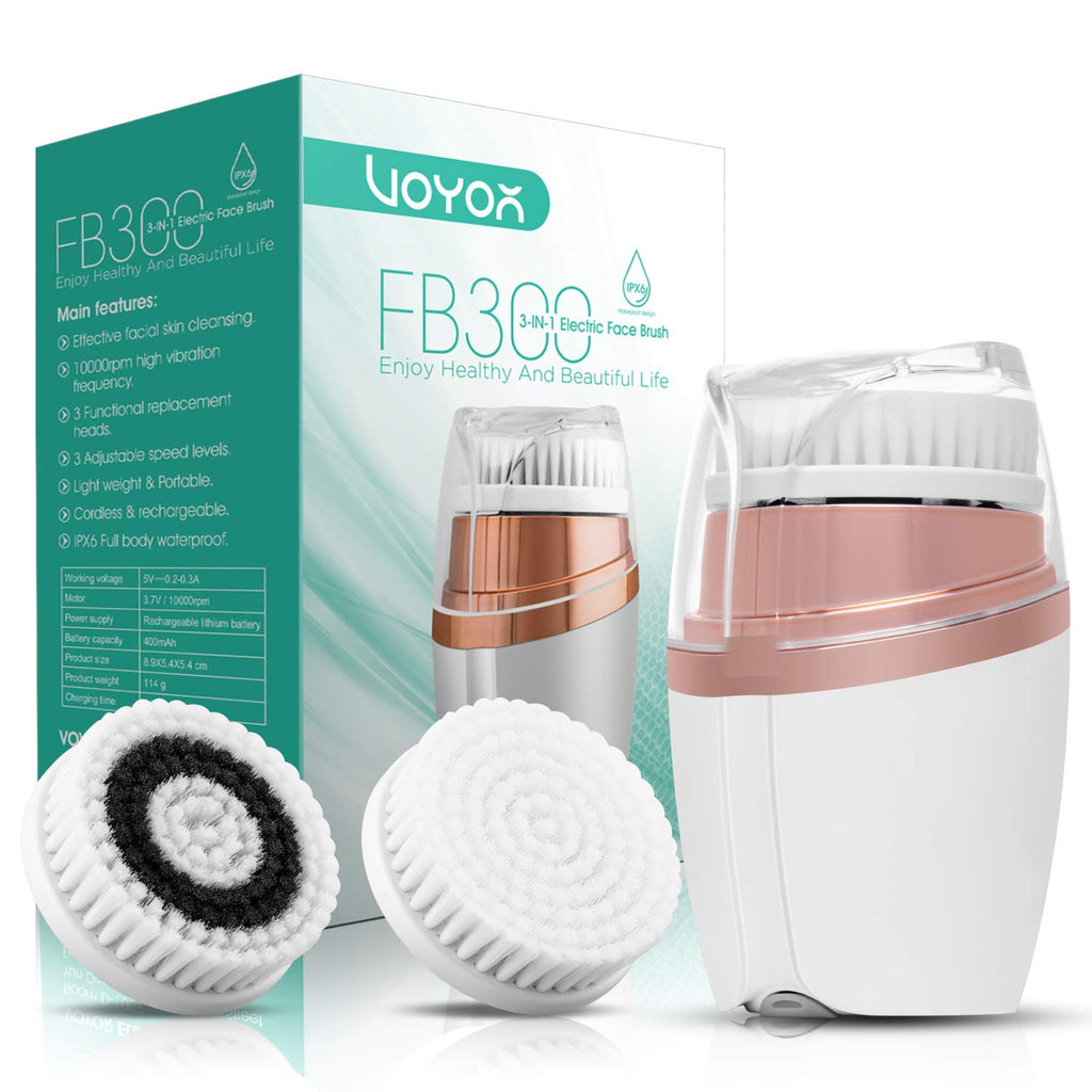 [Australia] - VOYOR 3-In-1 Facial Cleansing Brush Facial Cleanser Brush Electric Rechargeable Facial Brush Cleanser for Exfoliating, Removing Blackhead, Skincare IPX6 Waterproof FB300 