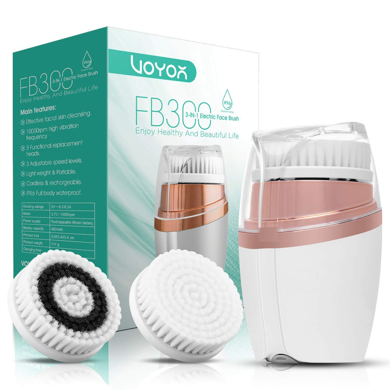 [Australia] - VOYOR 3-In-1 Facial Cleansing Brush Facial Cleanser Brush Electric Rechargeable Facial Brush Cleanser for Exfoliating, Removing Blackhead, Skincare IPX6 Waterproof FB300 