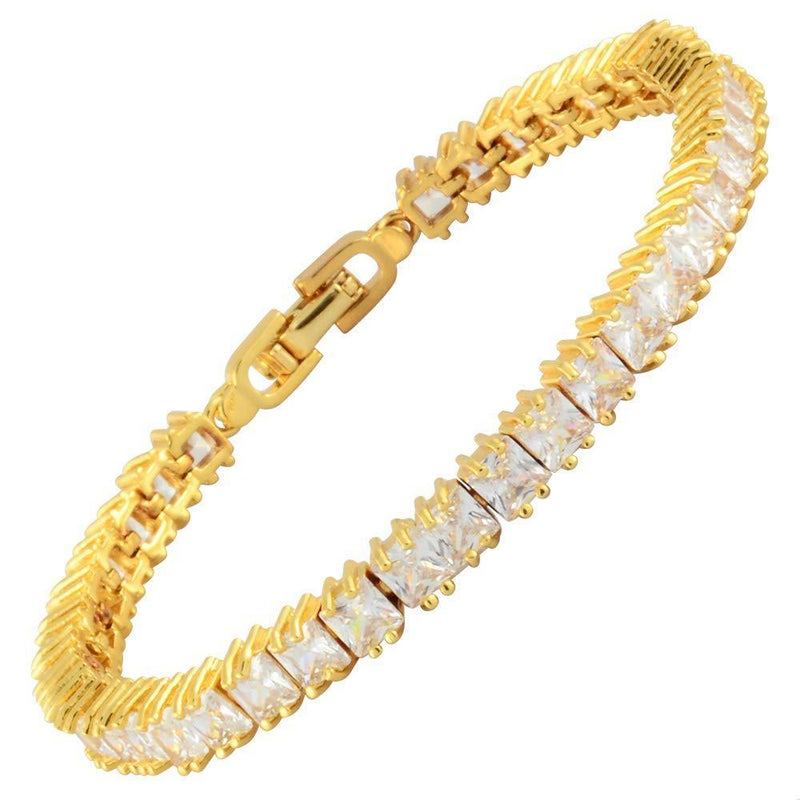 [Australia] - RIZILIA Ice Cubes Tennis Bracelet [18cm/7inch] with Princess Cut Gemstones CZ [5 Colours Available] in 18K Yellow Gold Plated, Simple Modern Elegance White Topaz 