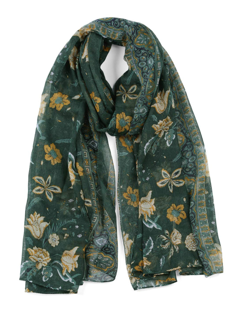 [Australia] - uxcell Large Balinese Yarn Floral Print Scarves Beach Shawl Vintage Style Swimwear Wraps for Women 71"x35.5" Dark Green 