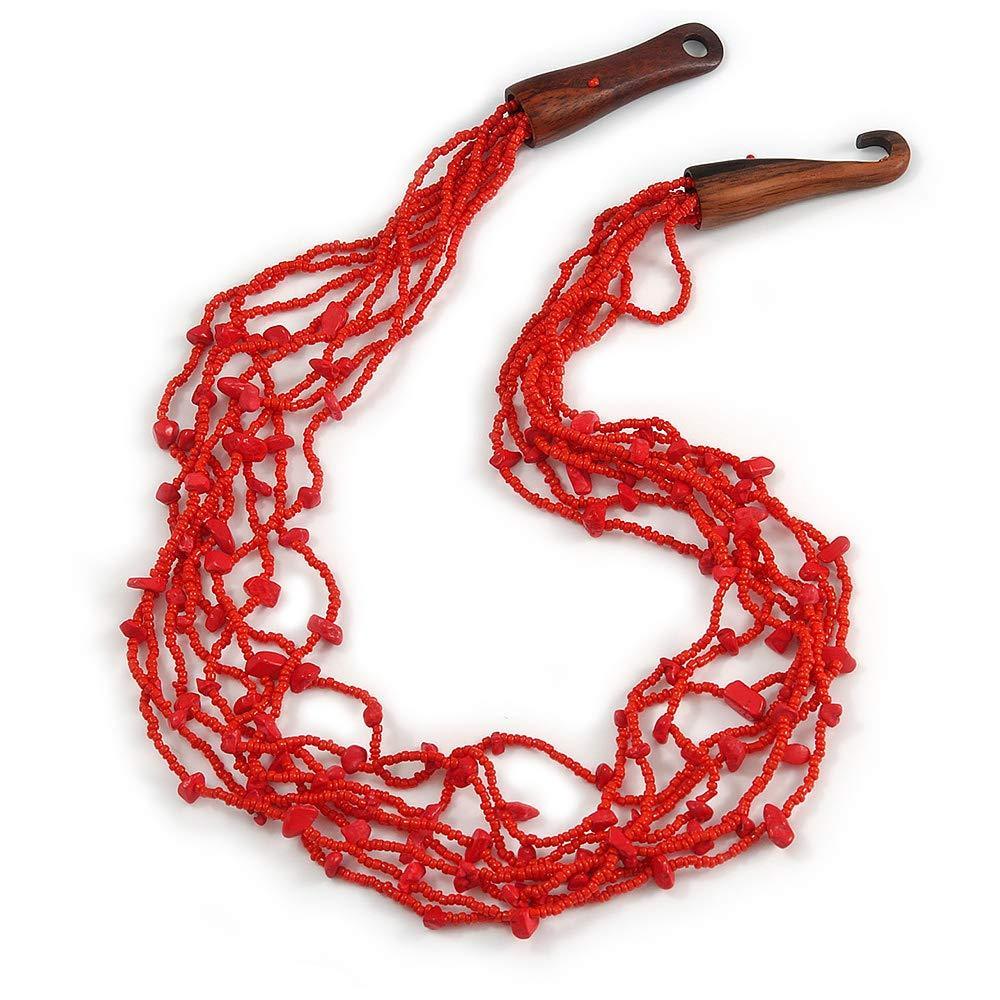 [Australia] - Avalaya Ethnic Multistrand Red Glass Bead, Semiprecious Stone Necklace with Wood Hook Closure - 60cm L 