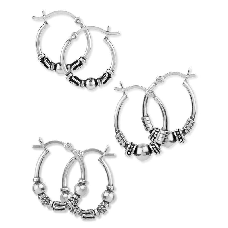 [Australia] - LeCalla Sterling Silver Set of 3 Pair Light-Weight Balinese Hoop Earring for Teen Men and Women 20 MM Oval Click-Top 