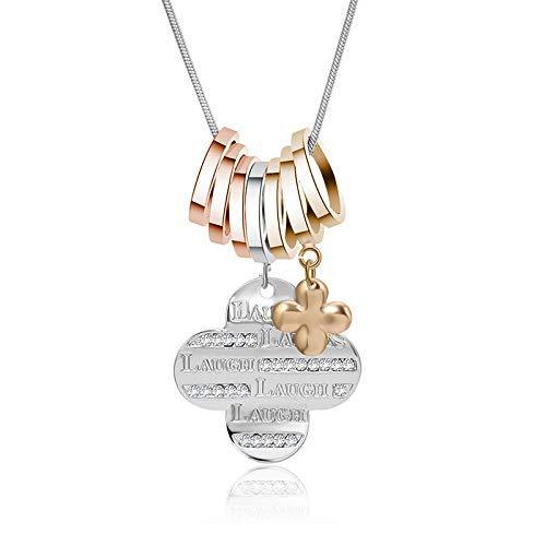 [Australia] - Ouran Women’s Four Leaf Clover Pendant Necklace “Laugh” Alphabet Rose Gold and Silver Rings Personalized Necklace for Best Friends Silver and Rose Gold 