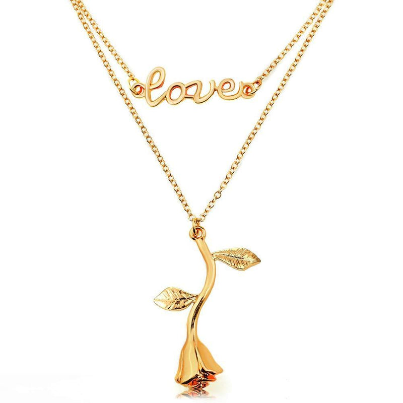 [Australia] - Gleamart Vintage 3D Rose Necklace Flower Pendant Double Layer Necklace for Women Girl Valentine's Day Jewelry Gift Gold 