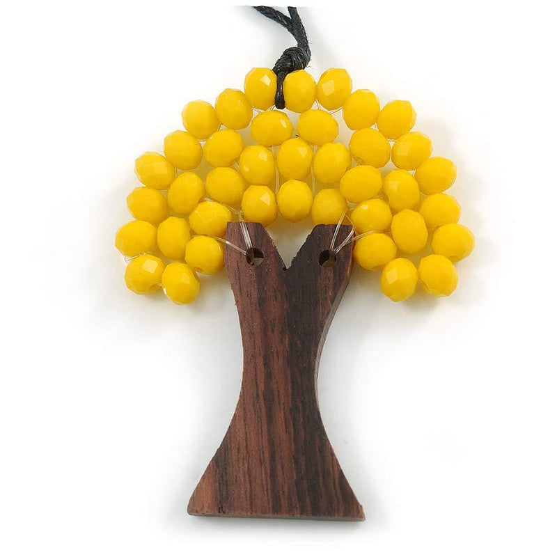 [Australia] - Avalaya Bright Yellow Glass Bead/Brown Wood Tree of Life Pendant with Black Cotton Cord - 76cm L 