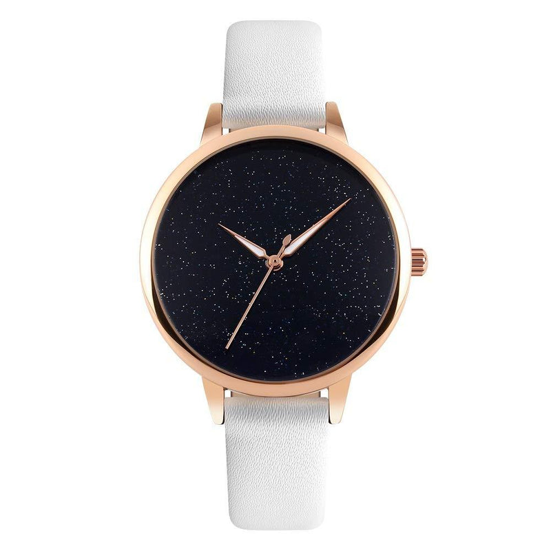 [Australia] - FeiWen Fashion Watch for Women Lady Girl Unique Starry Sky Dial Gold Stainless Steel Case with Leather Band Casual Minimalism Analog Quartz Watches White 
