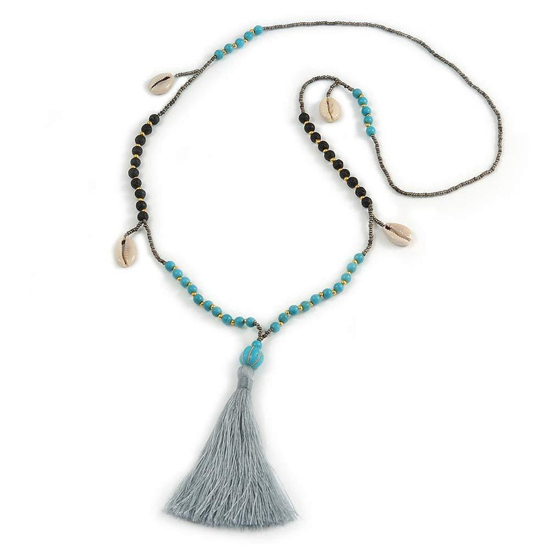 [Australia] - Avalaya Trendy Turquoise, Sea Shell, Faux Tree Seed, Hematite Glass Bead Light Grey Cotton Tassel Long Necklace - 90cm L/ 12cm Tassel 