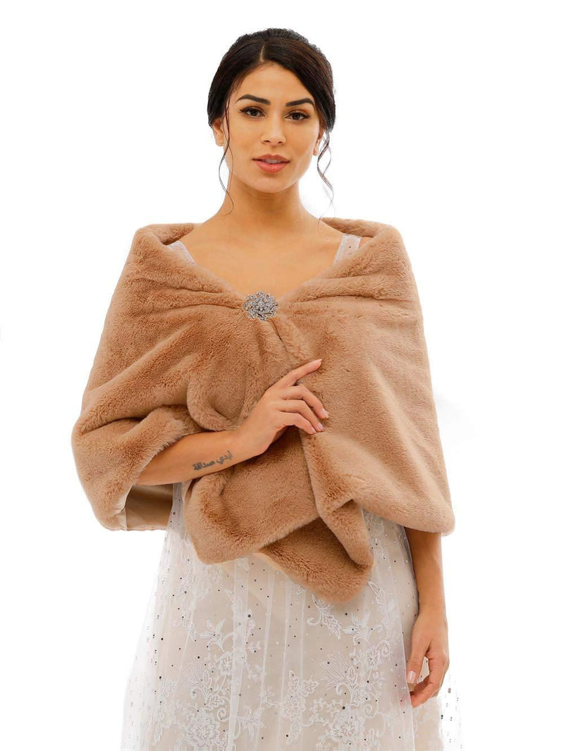 [Australia] - Jovono Women's Bride Wedding Faux Fur Shawl Wrap Bridal Fur Scarf Fur Wraps and Shawls for Women Camel 