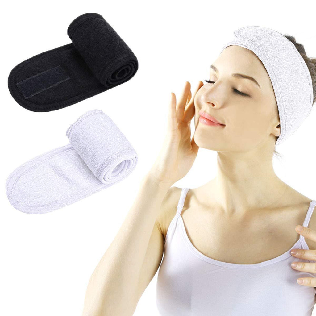 [Australia] - Spa Facial Headband - 2 PCS Make Up Wrap Head Shower Sport Terry Cloth Headband Adjustable Stretch Towel With Magic Tape White + Black 