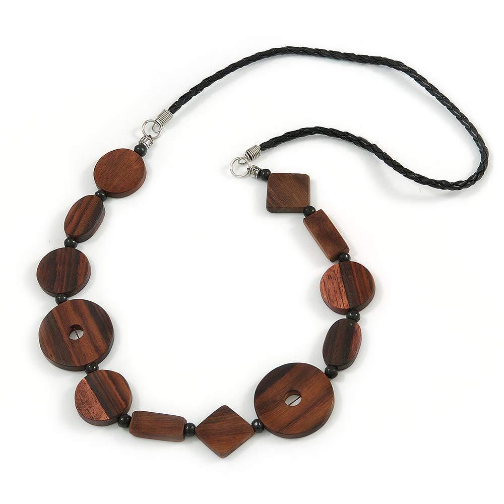 [Australia] - Avalaya Brown Geometric Wood Bead Black Leather Style Necklace - 70cm L 