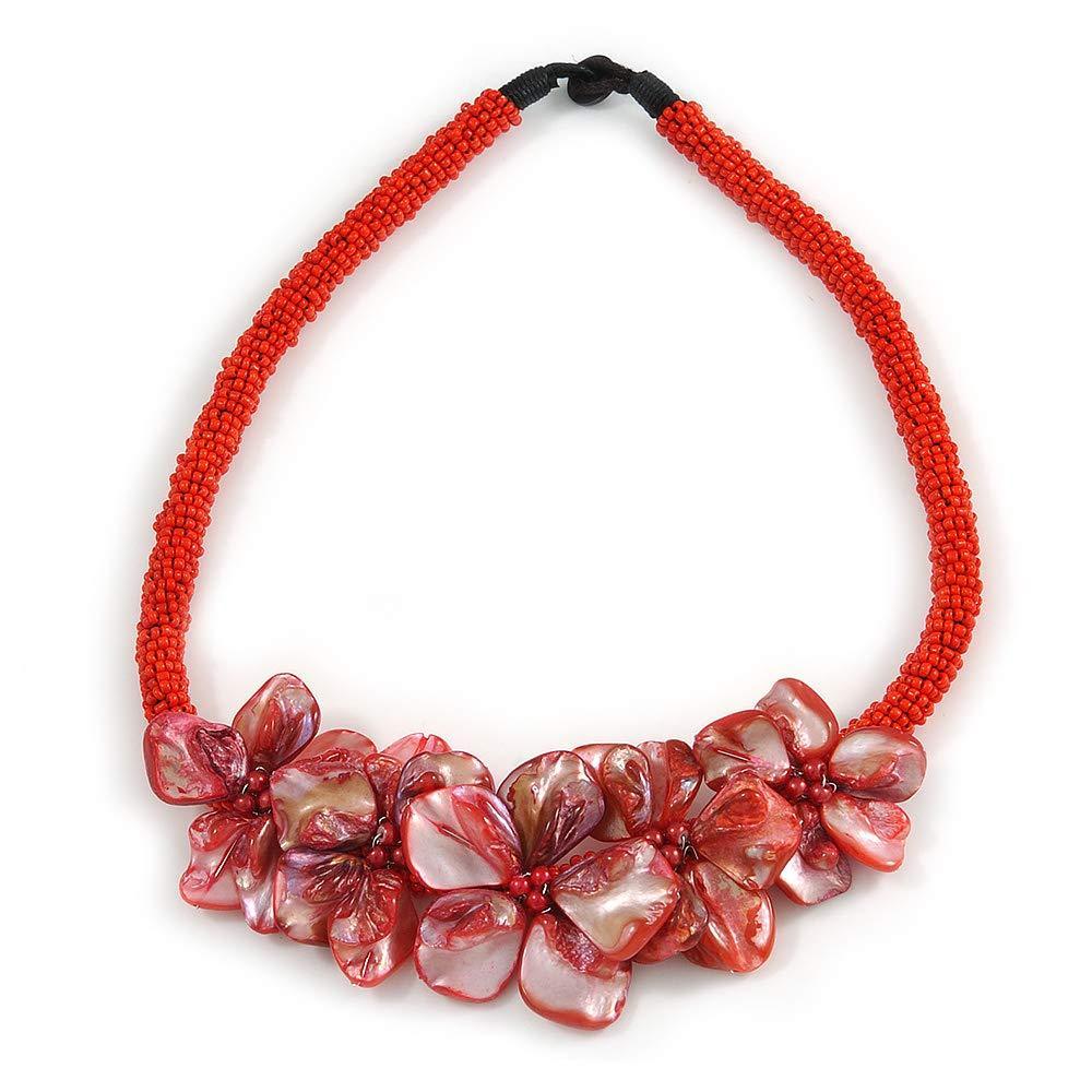 [Australia] - Avalaya Stunning Glass Bead with Shell Floral Motif Necklace in Red - 48cm Long 