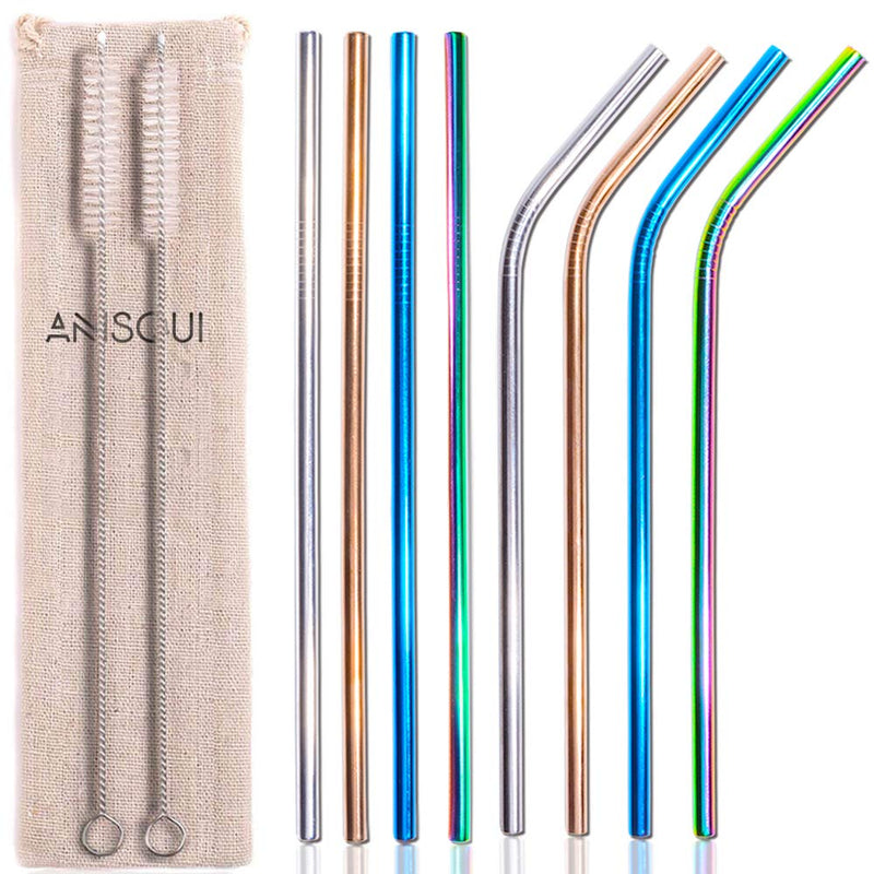[Australia] - Set of 8 Reusable Metal Straws and Cleaner, 8.5'' Coloured Stainless Steel Straws Reusable, (4 Straight + 4 Bent + 2 Brushes Reusable Straws Drinking) by AniSqui 