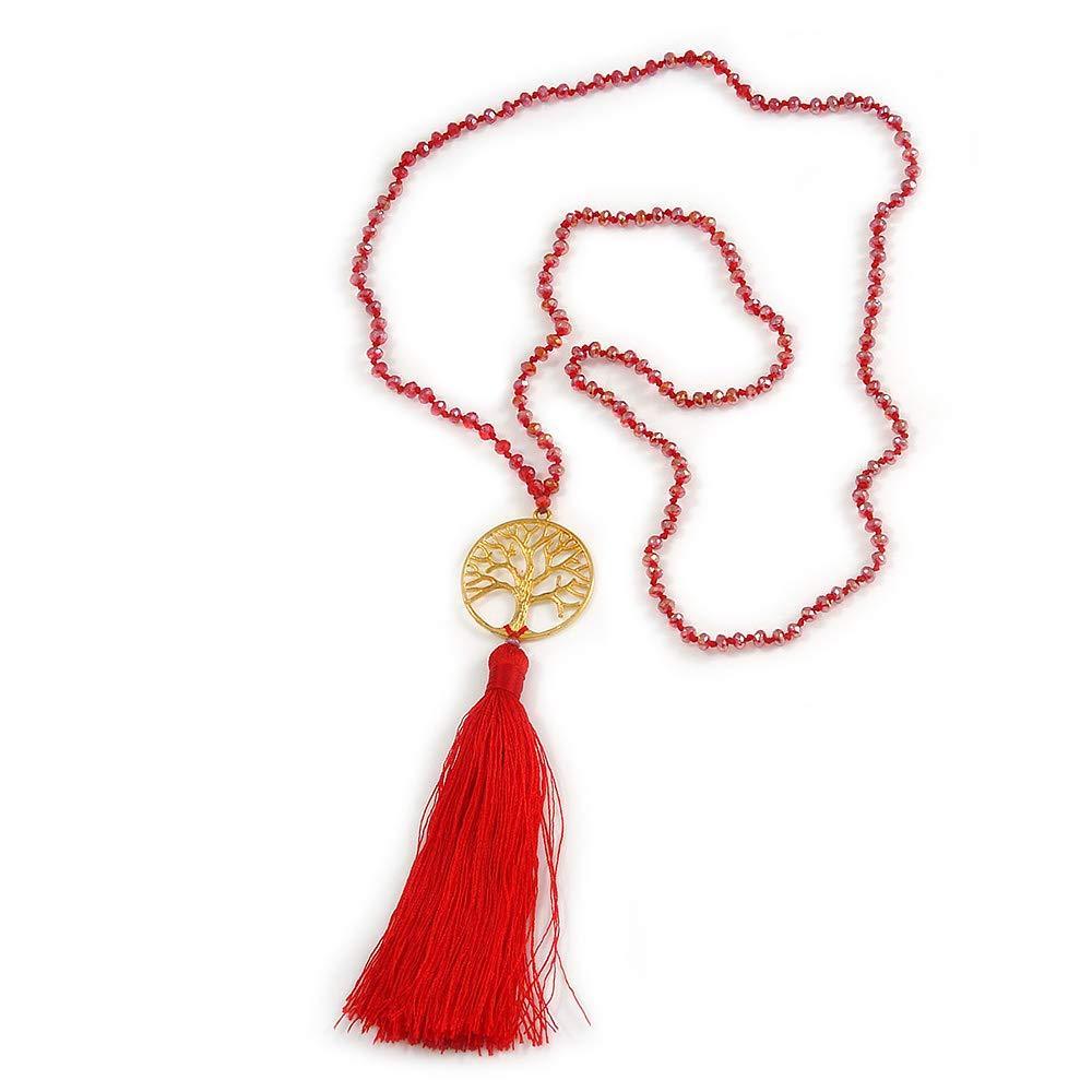 [Australia] - Avalaya Red Crystal Bead Necklace with Gold Tone Tree of Life/Silk Tassel Pendant - 84cm L/ 10cm Tassel 