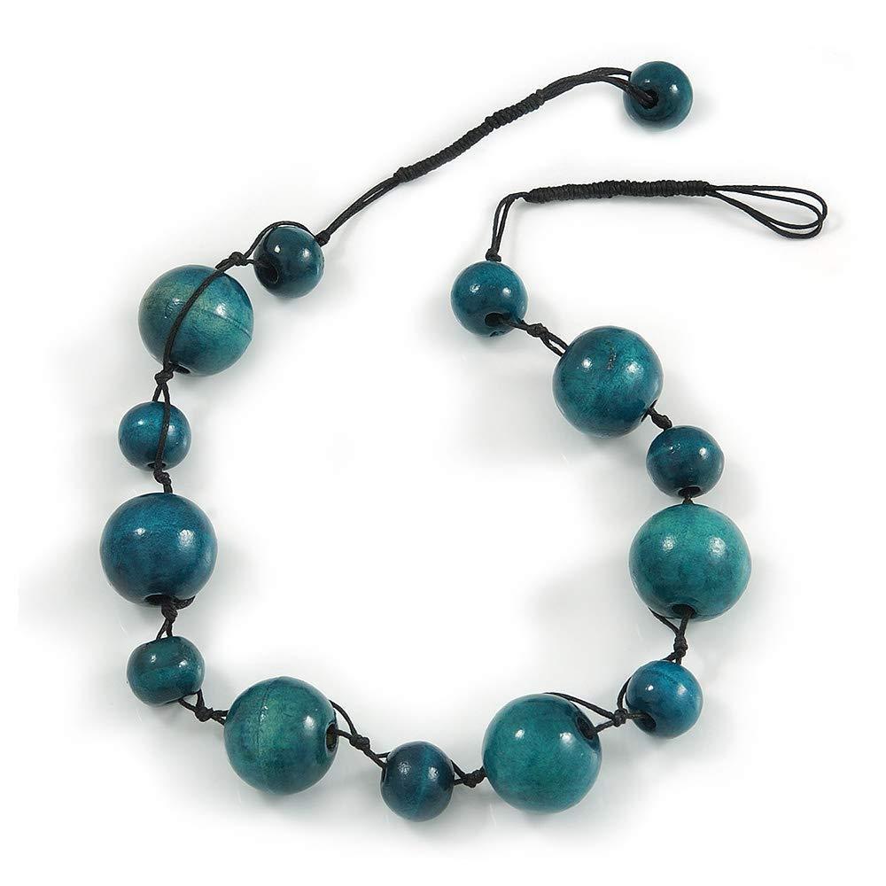 [Australia] - Avalaya Teal Green Wood Bead Black Cotton Cord Necklace - 52cm Long 