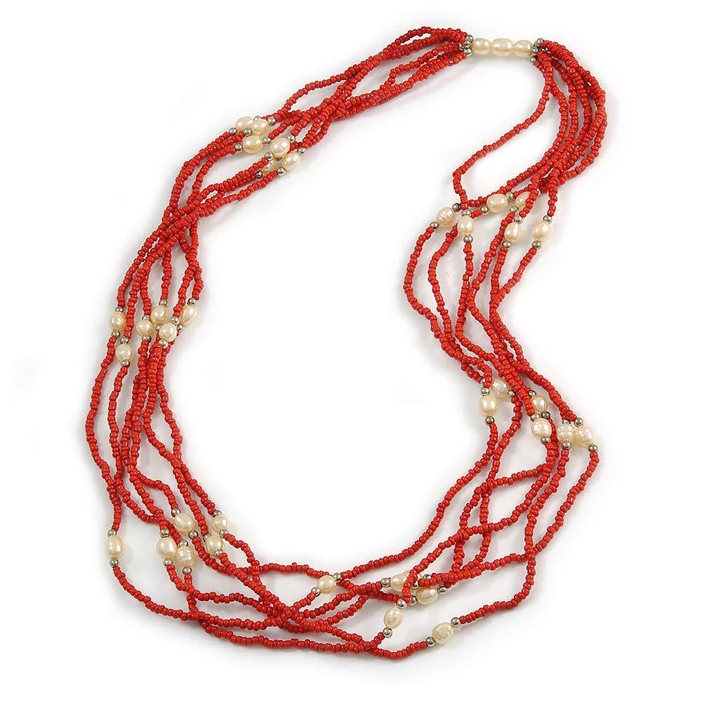 [Australia] - Avalaya Multistrand Red Glass Bead Cream Faux Pearl Long Necklace - 70cm L 