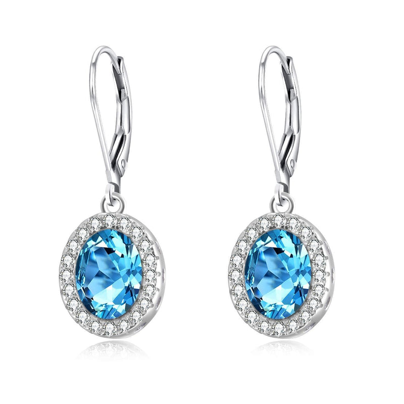 [Australia] - Sterling Silver Women Leverback Aquamarine-color Earrings Blue Oval Drop Earrings with Crystals, Fine Jewelry Gift for Women Girls 