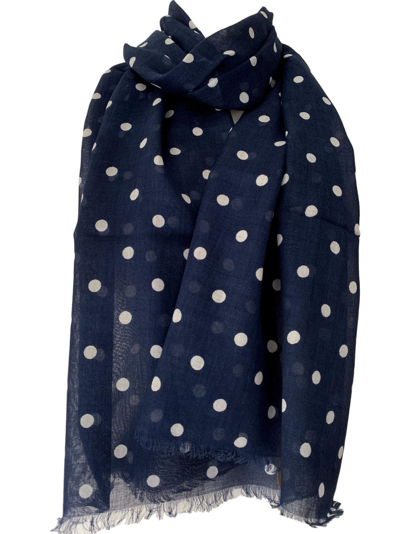 [Australia] - Purple Possum ® Navy Polka Dot Scarf Dark Blue White Spotted Wrap Ladies Cotton Blend Spotty Fair Trade Shawl 