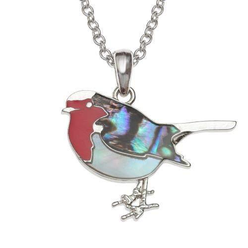 [Australia] - Kiara Jewellery Robin Pendant Necklace Inlaid With Natural Green Paua Abalone Shell, Mother Of Pearl & Red Epoxy on 18" Trace Chain. Non Tarnish Silver Colour Rhodium plated. 