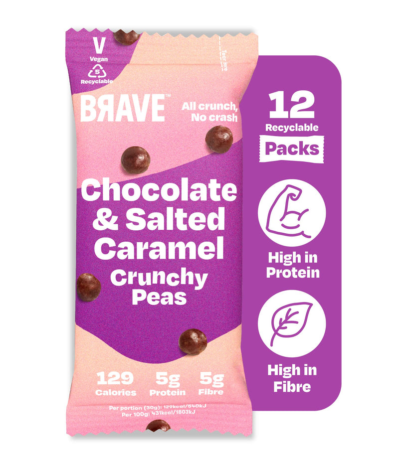 [Australia] - BRAVE Roasted Peas: Chocolate & Salted Caramel - Delicious Healthy Snacks - Vegan, Dairy-free - Source of Plant Protein & Fibre - Lower Sugar - Plant-based - Box of 12 packs (30g each) 