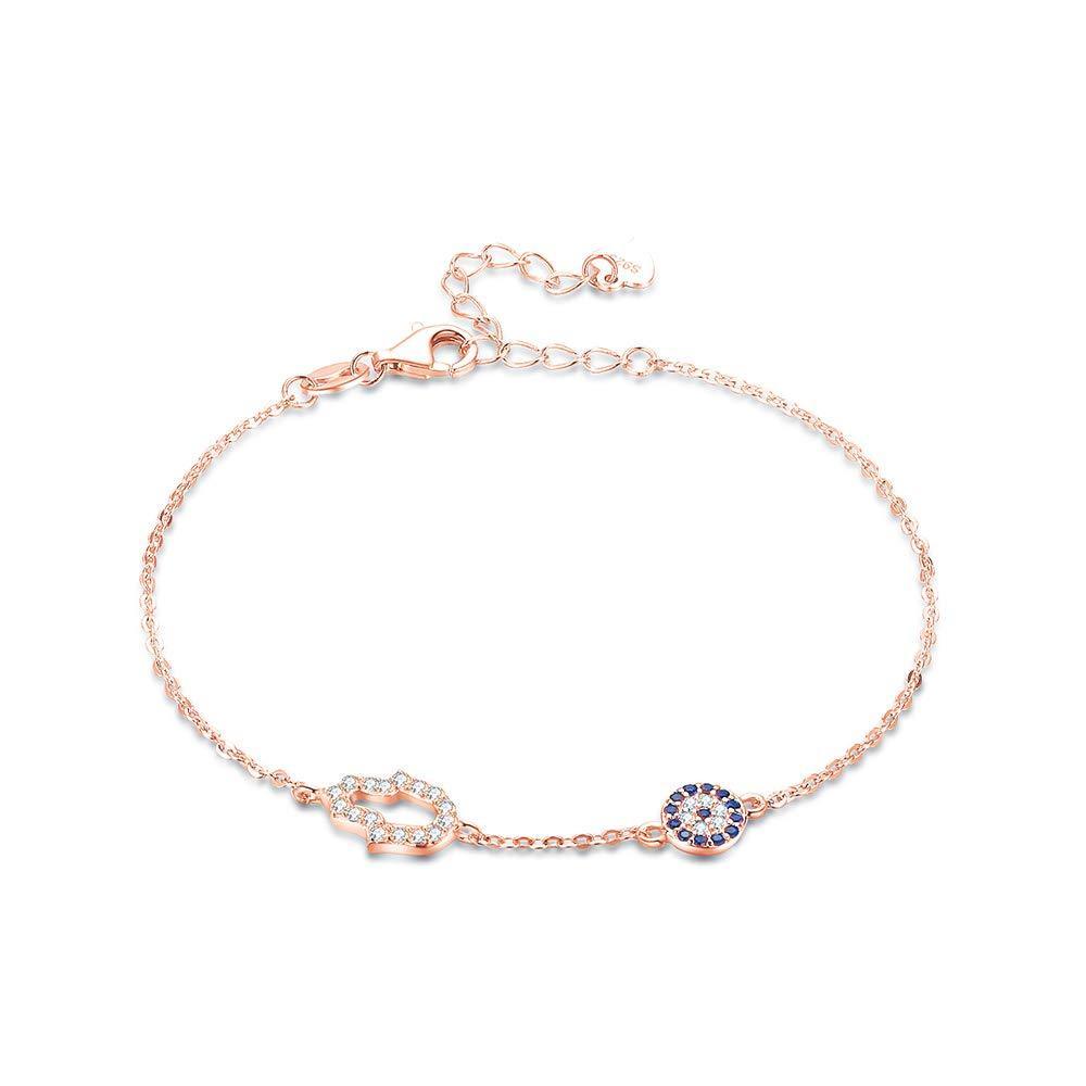 [Australia] - Rose Gold Evil Eye Hamsa Hand of Fatima Bracelet Sterling Silver 925 CZ Chain 6.5inch+1.5inch 