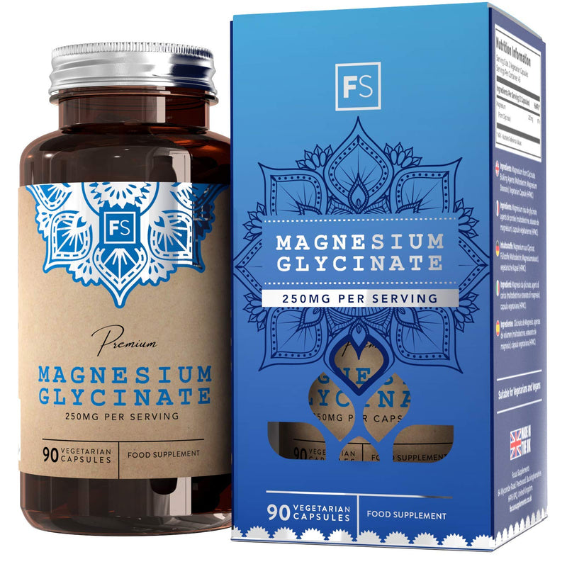 [Australia] - FS Magnesium Glycinate Capsules | 1250mg Glycinate Providing 250mg Pure Elemental Magnesium Per Serving | 90 Vegan Caps | Magnesium Bisglycinate Supplement | Non GMO, Dairy & Gluten Free | Made in UK 90 Count (Pack of 1) 
