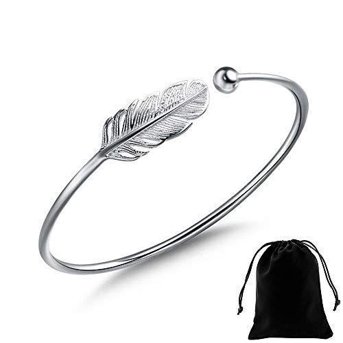 [Australia] - 925 Silver Women Bracelet Adjustable Opening Leaf Feather Bangle 