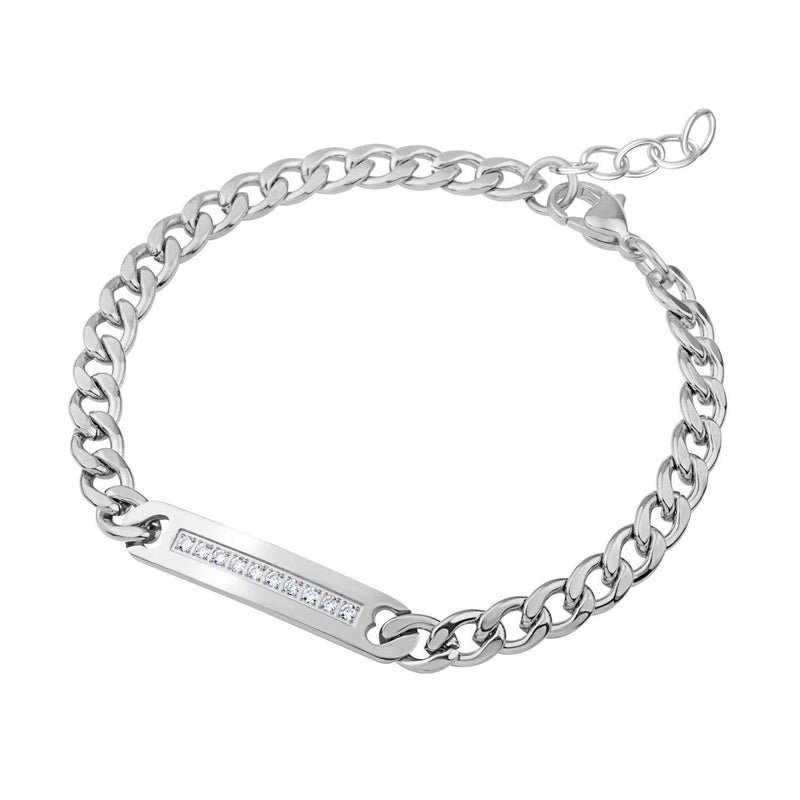 [Australia] - 555Jewelry Womens Stainless Steel Chain Link Plate Bar CZ Studded Bracelet Silver & White Cz 