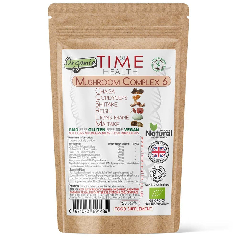 [Australia] - Mushroom Complex 6 Organic � High Strength 30% Polysaccharides - Chaga, Cordyceps, Shiitake, Reishi, Lions Mane, Maitake - UK Manufactured (120 Capsule Pouch) 