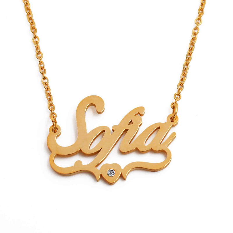 [Australia] - Kigu Sofia Name Necklace Personalised Heart Shaped Gold Plated, Custom Dainty Name Pendants, Jewellery for Ladies, Girlfriend, Mother, Sister, Friends Inc Bag & Box 