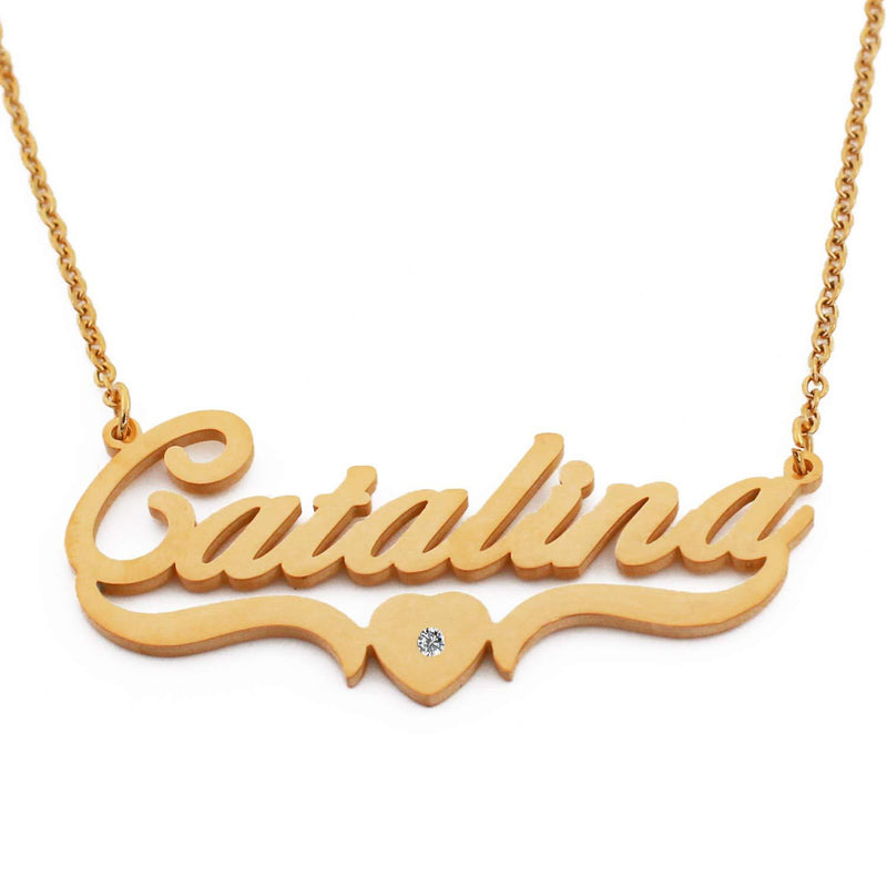 [Australia] - Kigu Catalina Name Necklace Personalised Heart Shaped Gold Plated, Custom Dainty Name Pendants, Jewellery for Ladies, Girlfriend, Mother, Sister, Friends Inc Bag & Box 