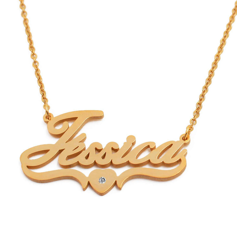 [Australia] - Kigu Jessica Name Necklace Personalised Heart Shaped Gold Plated, Custom Dainty Name Pendants, Jewellery for Ladies, Girlfriend, Mother, Sister, Friends Inc Bag & Box 