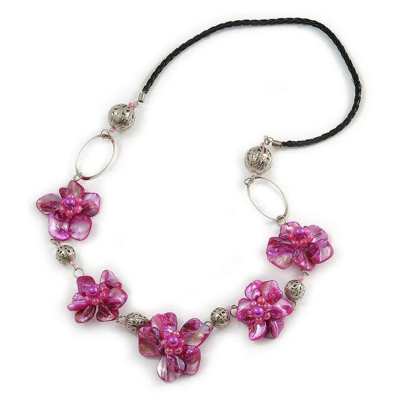 [Australia] - Avalaya Fuchsia Shell Floral Faux Leather Cord Long Necklace -78cm L 