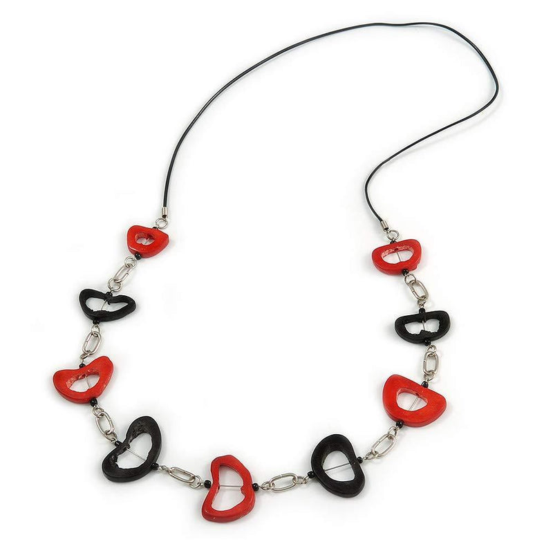 [Australia] - Red/Black Oval Bone Bead with Silver Tone Link Black Faux Leather Cord Necklace - 90cm L 