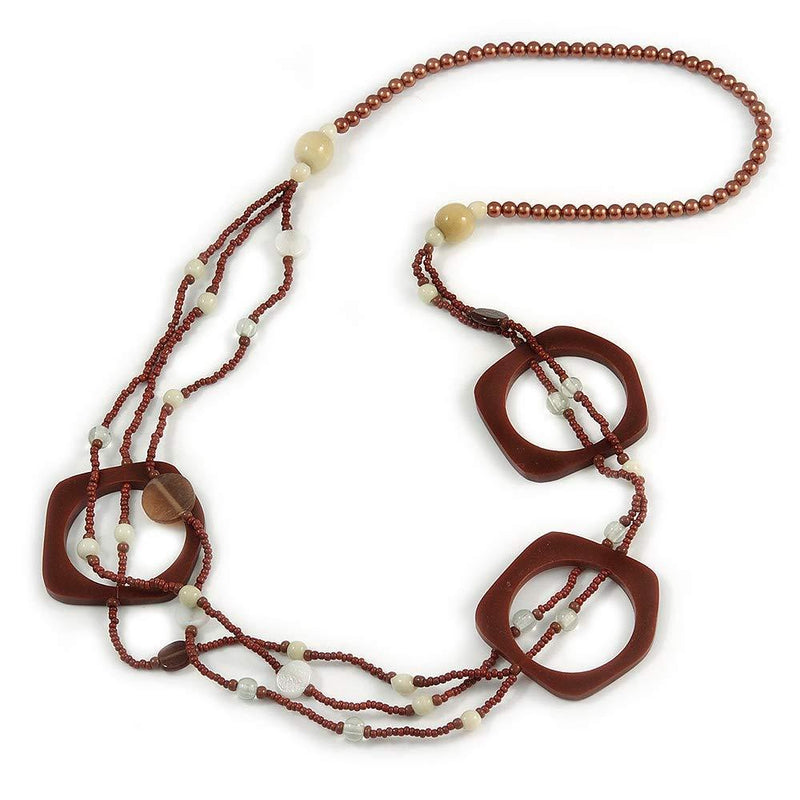[Australia] - Avalaya Long Multi-Strand Brown/Cream Ceramic Bead, Acrylic Ring Necklace - 90cm L 
