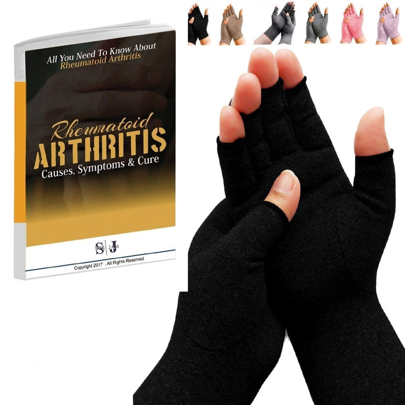 [Australia] - SyeJam Arthritis Gloves Fingerless- Rheumatoid Arthritis Compression Gloves for Pain Relief - Black (S) 1 Pair Black (1 Pair) + Free Ebook S (Pack of 2) 
