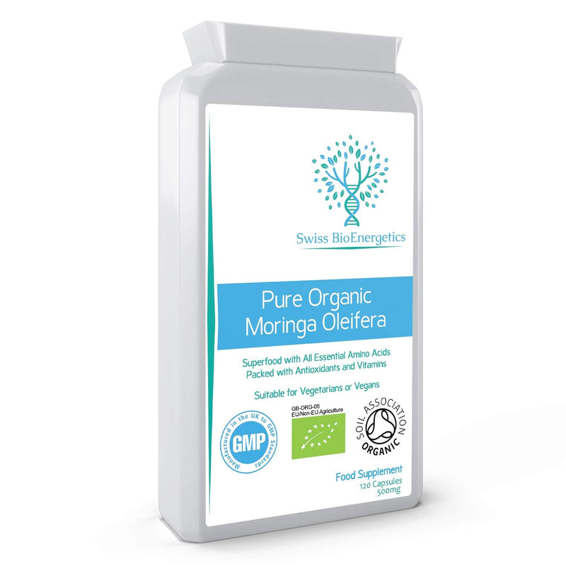 [Australia] - Pure Organic Moringa Oleifera 500mg 120 Capsules - no fillers or Flowing Agents - 100% Natural Soil Association Certified High Strength Superfood with All Essential Amino Acids 