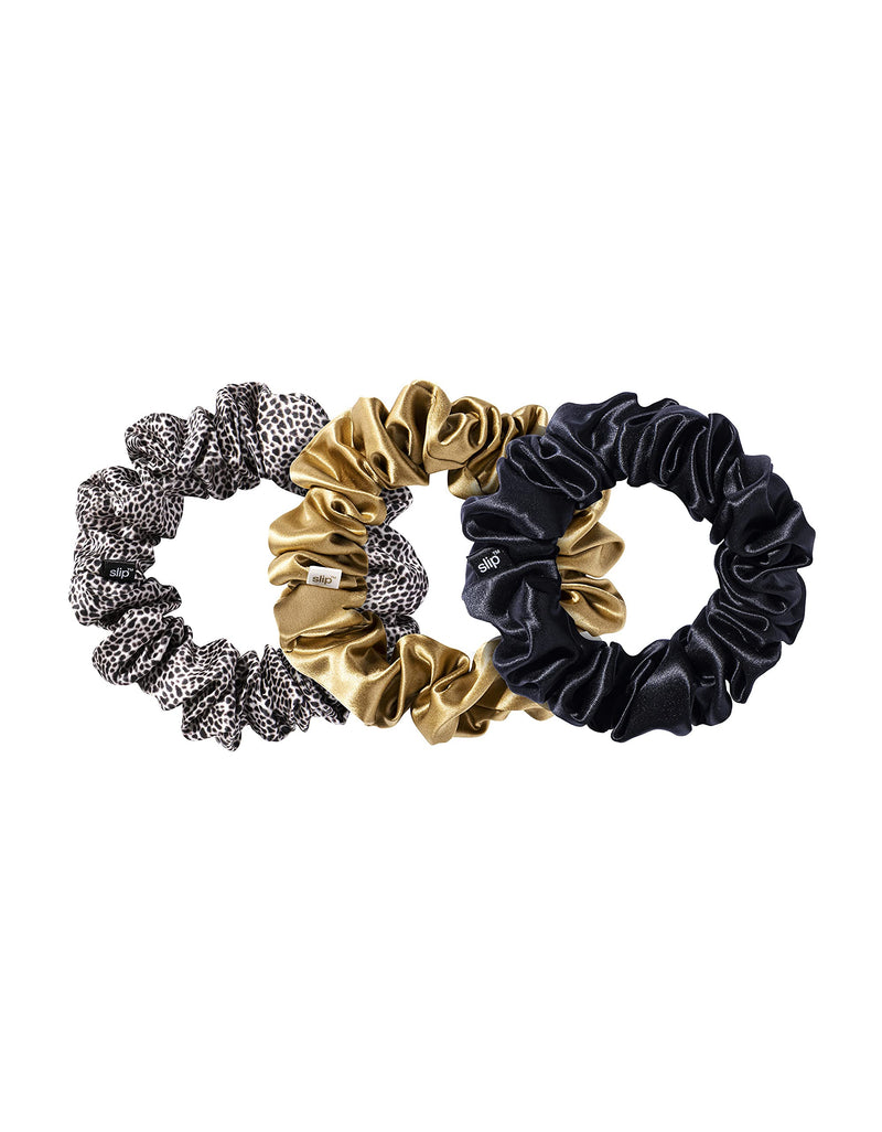 [Australia] - Slip Silk Large Scrunchies in Gold, Black, and Leopard - 100% Pure 22 Momme Mulberry Silk Scrunchies for Women - Hair-Friendly + Luxurious Elastic Scrunchies Set (3 Scrunchies) 3 Count (Pack of 1) Gold, Black & Leopard 