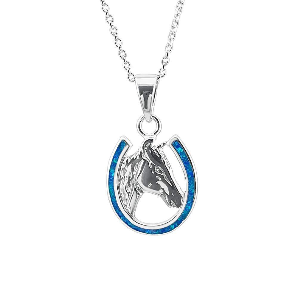 [Australia] - Kiara Jewellery 925 Sterling Silver Blue Lab Opal Horseshoe With Horses Head Pendant Necklace on 18" Sterling Silver Trace Or Curb Chain. Rhodium Plated. 