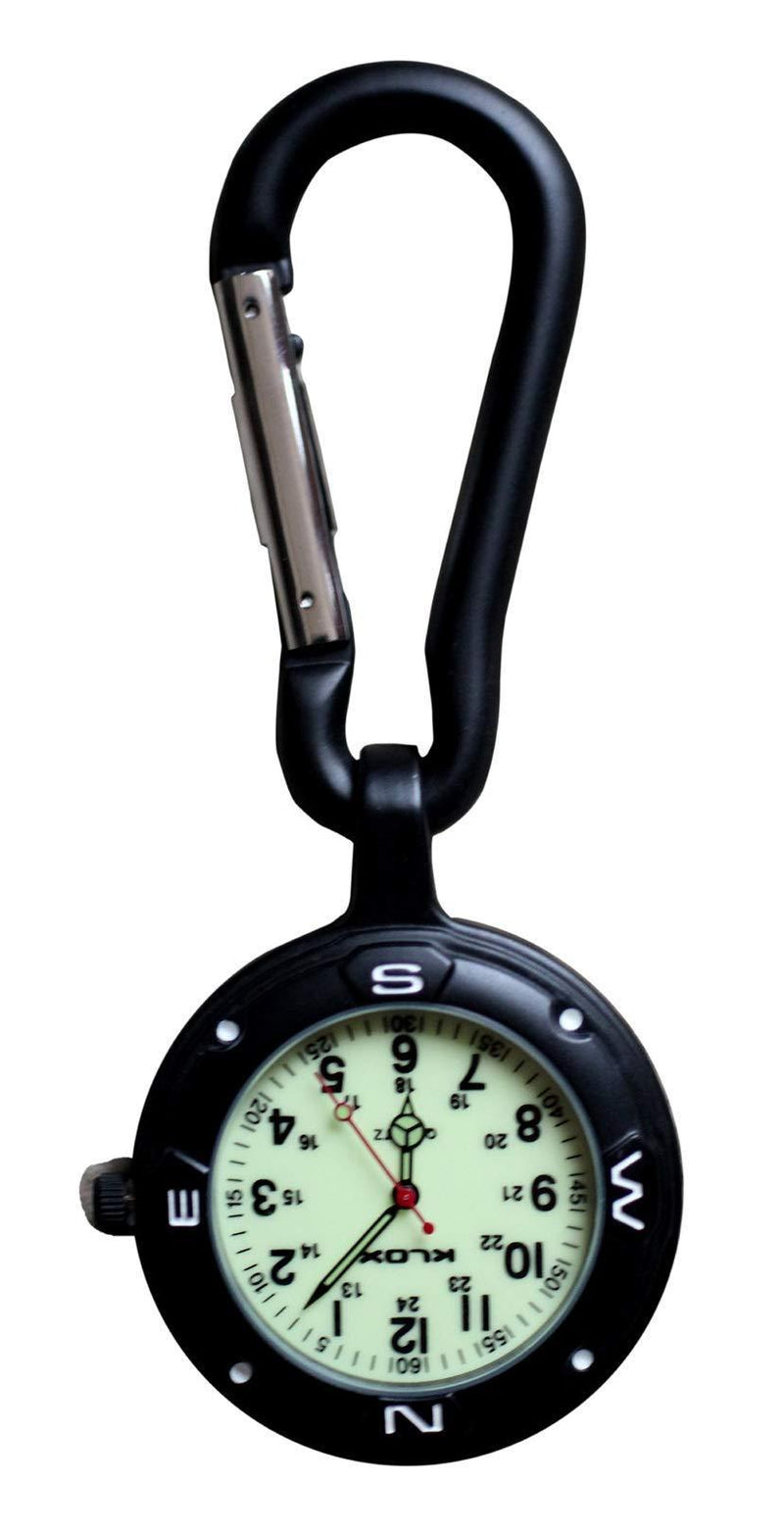 [Australia] - Klox Black Clip On Carabiner Luminous Face FOB Watch, Pocket Watch for Doctors Nurses Paramedics Chefs Sports 