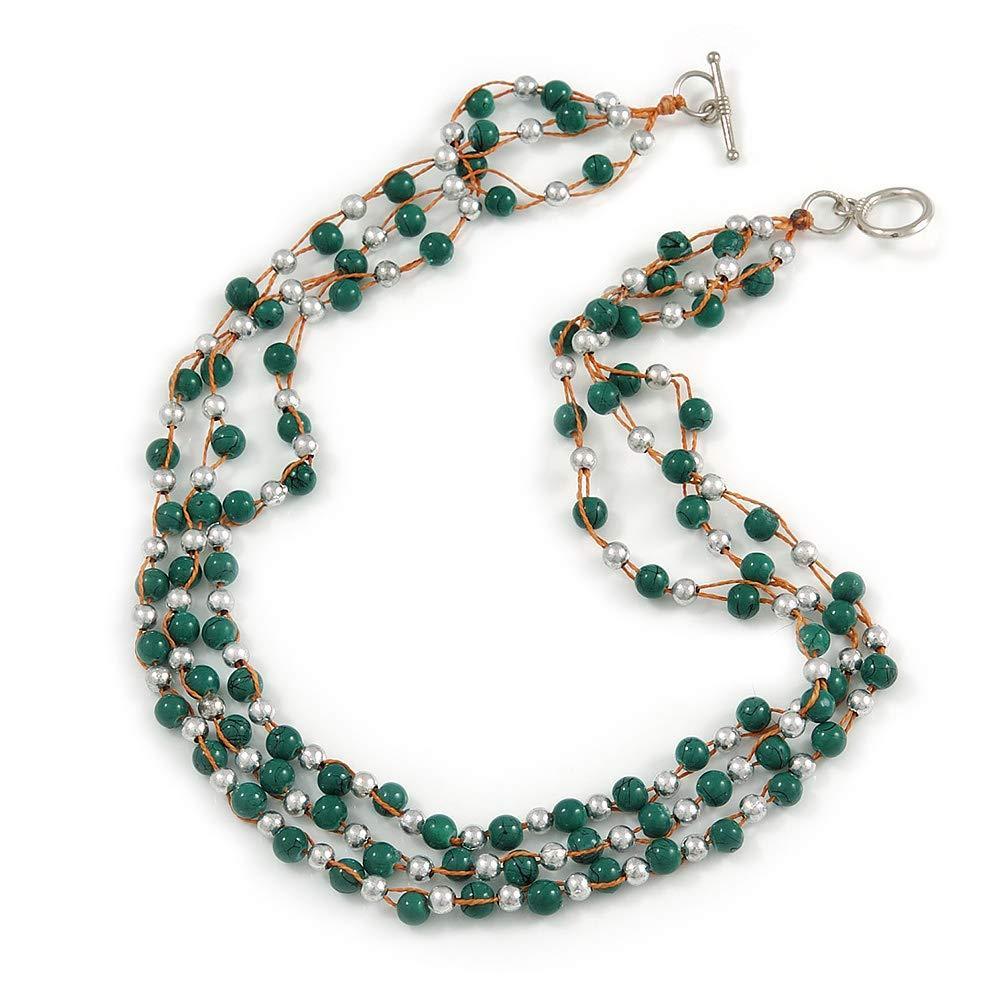 [Australia] - Avalaya 3 Strand Green Ceramic, Silver Acrylic Bead Necklace - 44cm L 