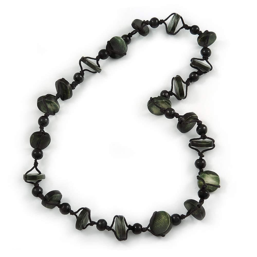 [Australia] - Avalaya Dark Green Bone and Black Wood Bead with Cotton Cord Necklace - 62cm L 