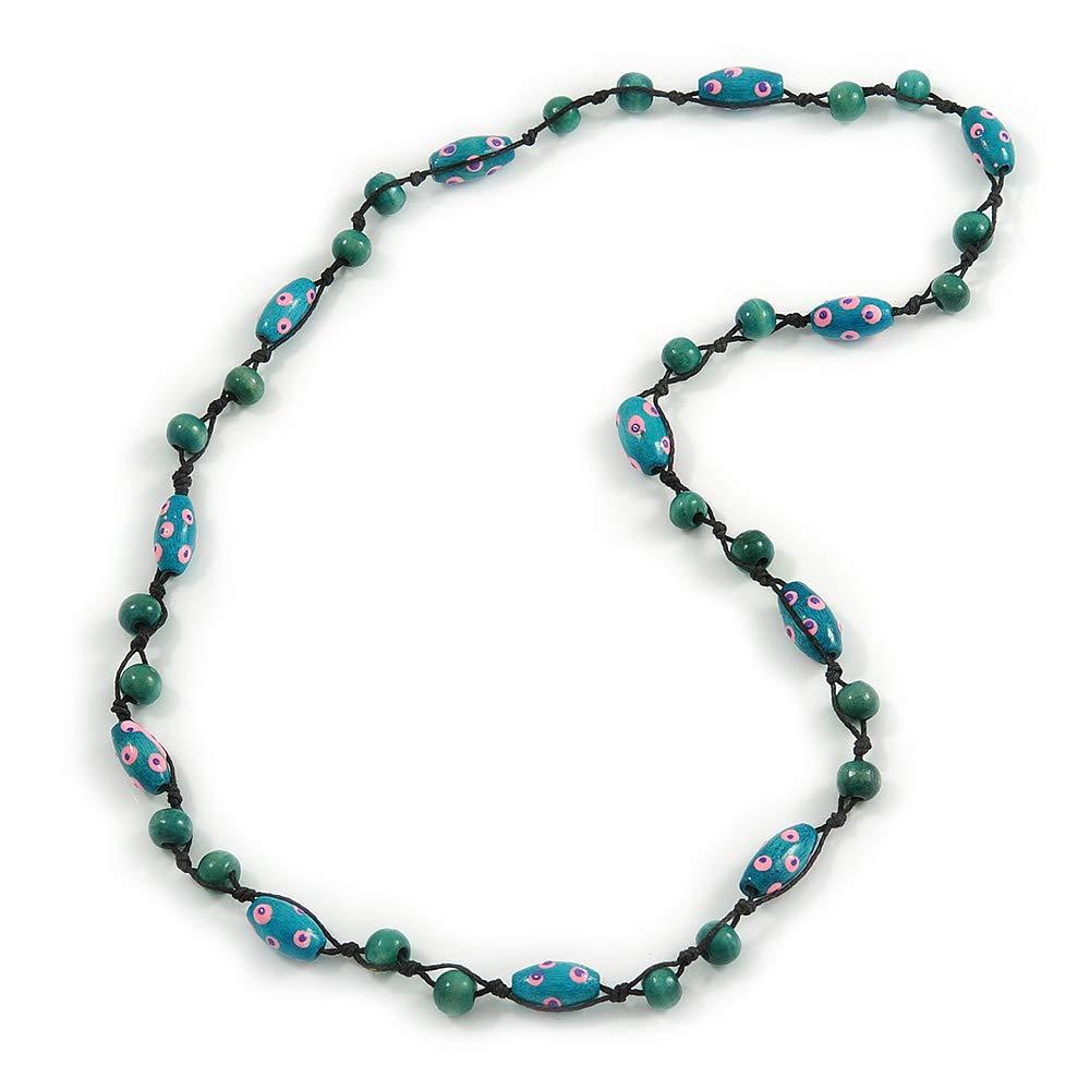 [Australia] - Avalaya Teal/Pink Wood Bead Black Cotton Cord Necklace - 80cm L 