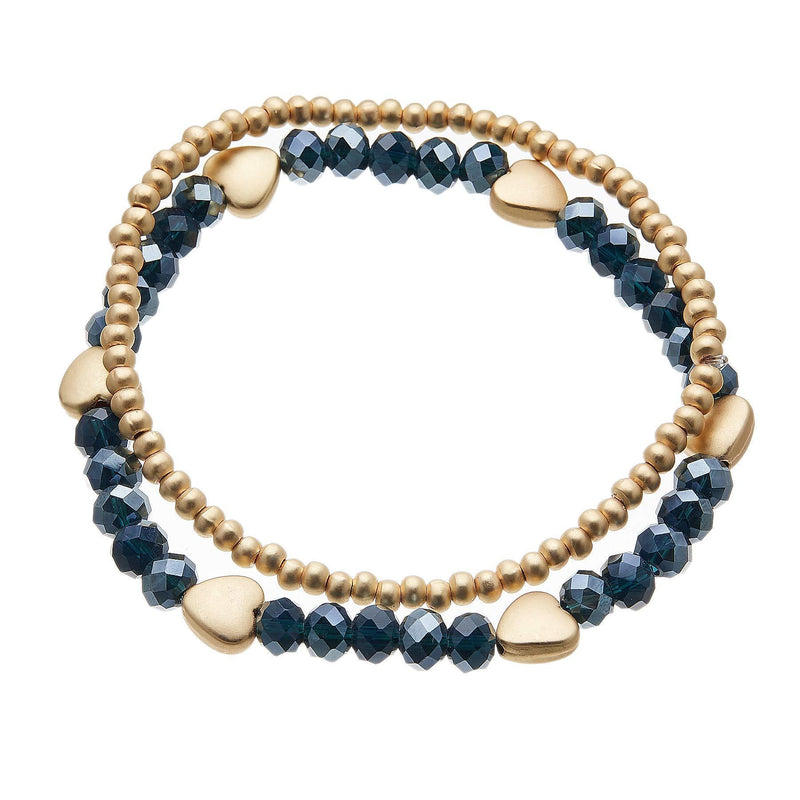 [Australia] - Set of two stretch Bracelets with matt gold plated hearts and navy blue beads - Yori B24-21 