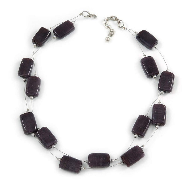 [Australia] - Avalaya Two Strand Square Plum/Purple Glass Bead Silver Tone Wire Necklace - 48cm L/ 5cm Ext 