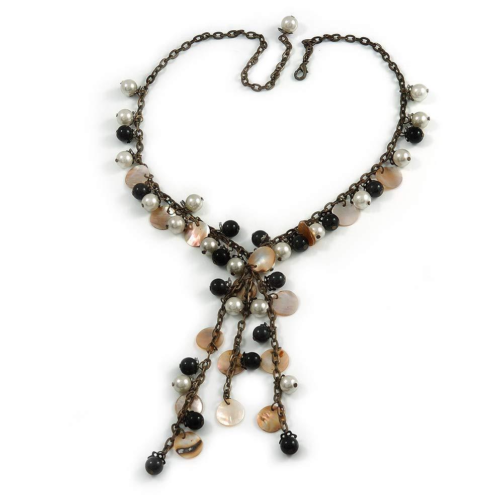 [Australia] - Avalaya Vintage Inspired Black Ceramic Bead, White Faux Pearl, Sea Shell Bronze Tone Chain Tassel Necklace - 54cm L/ 8cm Ext/ 14cm Tassel 
